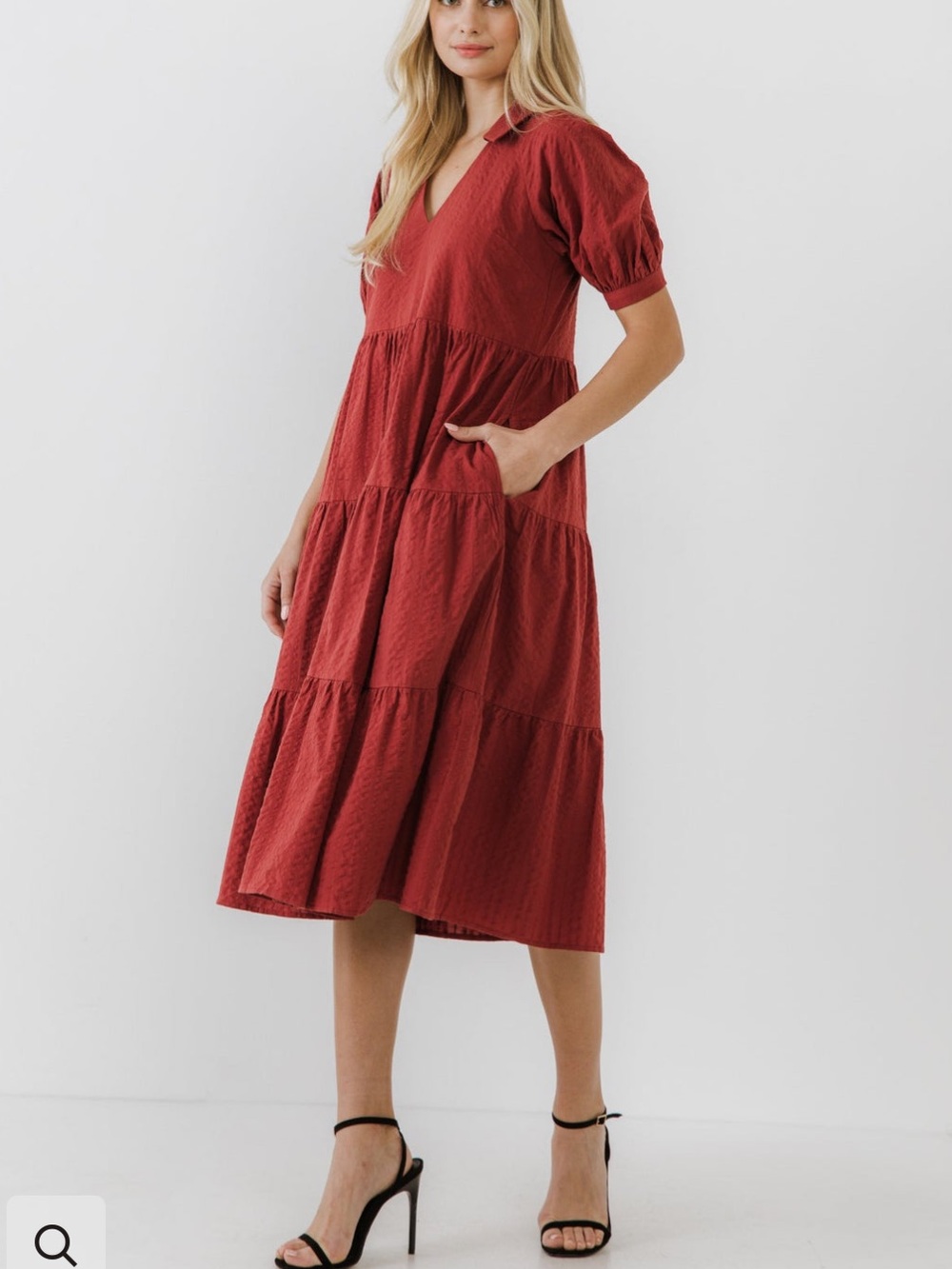 Free the Roses Rust Red Tiered V-Neck Midi Dress with Puff Sleeves - Picture 3 of 7